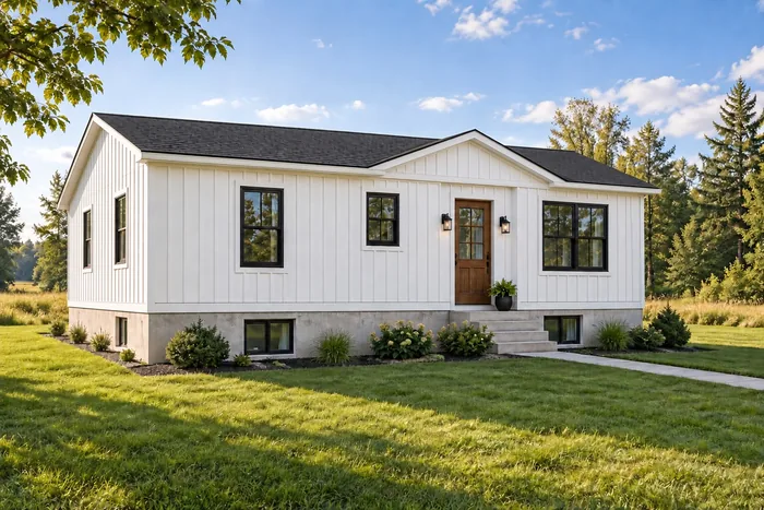 A REDI-HOME on a poured foundation in an open field, with white board and batten siding, black window frames, a wood front door and a gable over the entry.