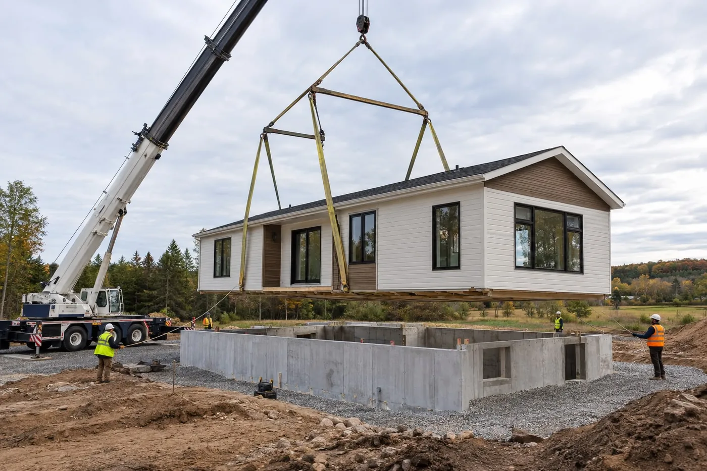 A finished REDI-HOME lifted by a crane onto a poured concrete foundation, with workers in high-visibility vests guiding it down, on a rural lot in autumn.