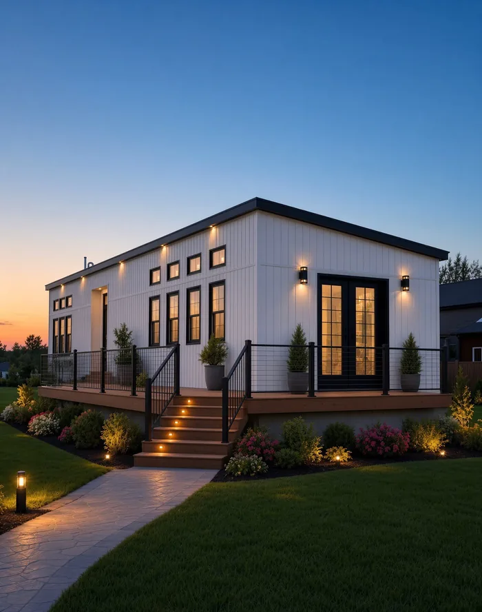 A REDI-HOME at dusk, single storey with vertical white siding and black window frames, on a raised deck with a cable railing and lit steps down to a path.