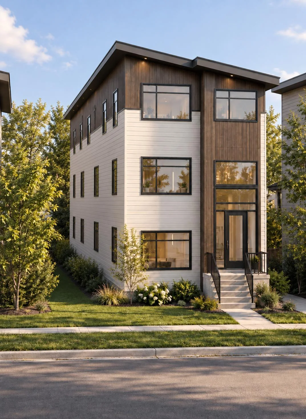 A three storey building with white horizontal siding, a wood clad entry bay, black window frames and a glass front door, on a landscaped lot by a sidewalk.