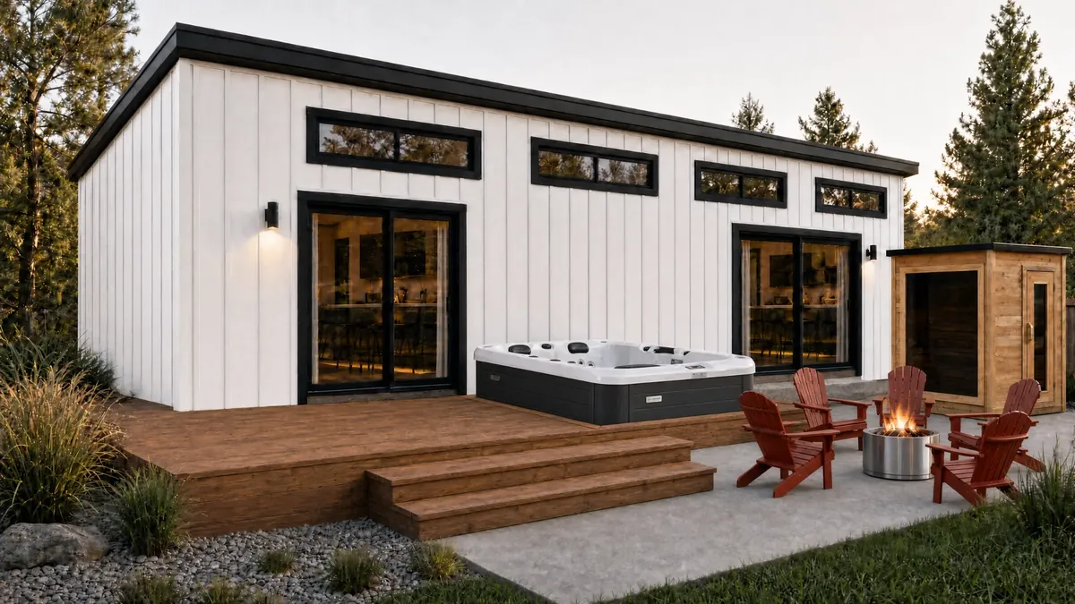 The 14 ft by 36 ft REDI-HOME seen from the front corner, with board and batten siding and a deck along the front.