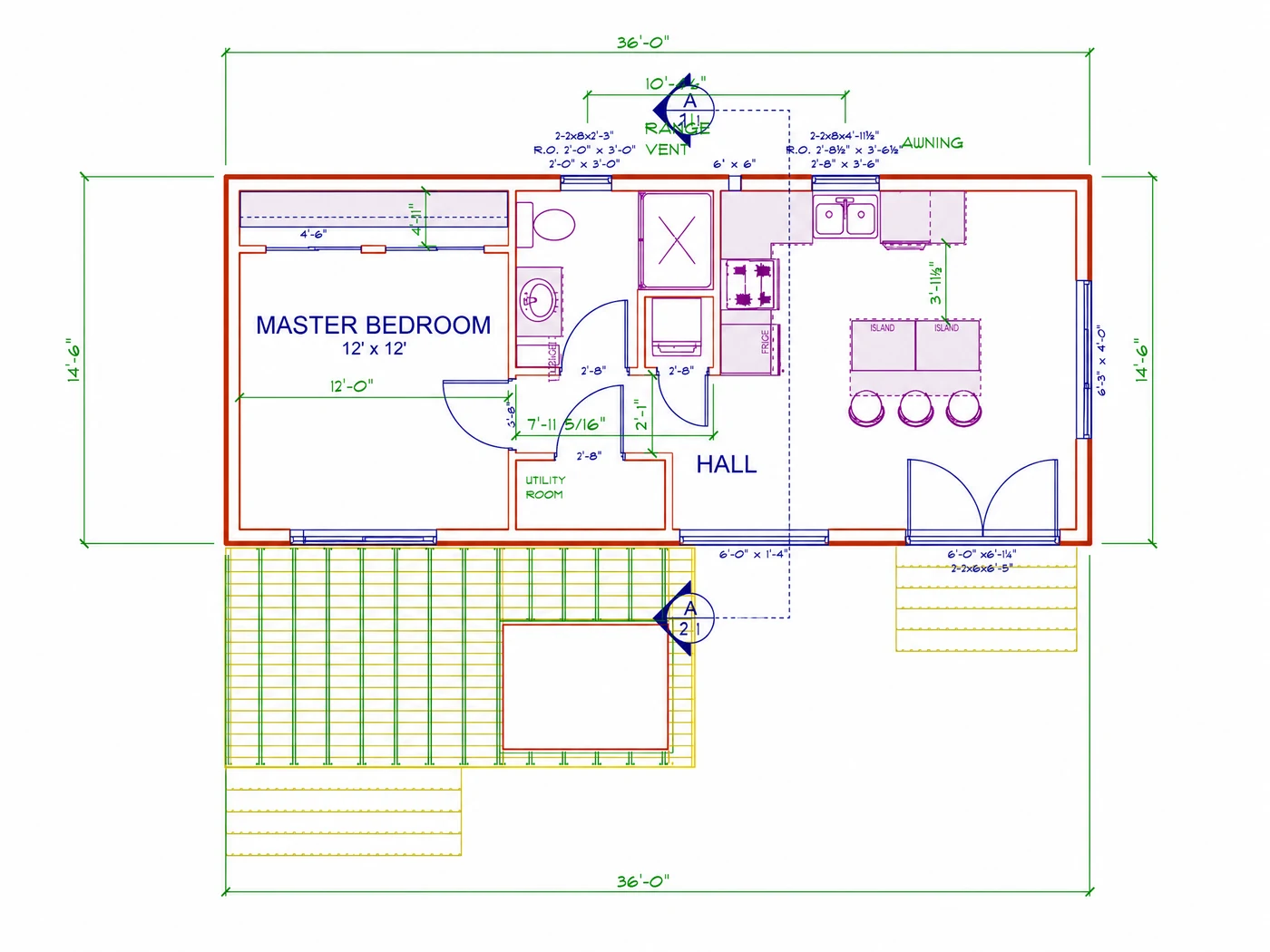 Main floor plan of the 14 ft by 36 ft REDI-HOME, dimensioned 36 feet by 14 feet 6 inches, showing a 12 by 12 master bedroom, a bathroom, a utility room, and a kitchen with an island opening onto the living area, with decks on two sides.