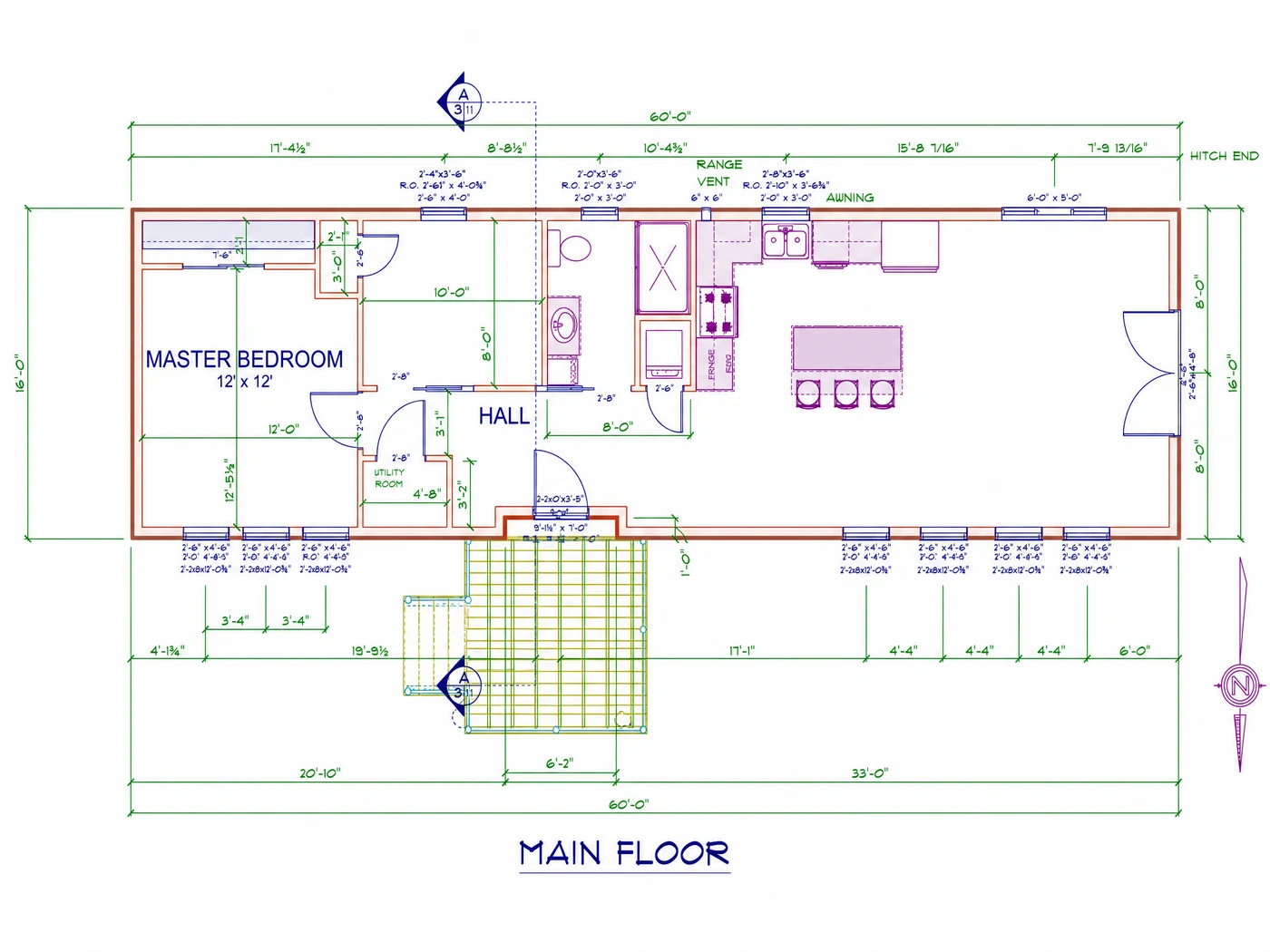 Main floor plan of the 16 ft by 60 ft REDI-HOME, dimensioned 60 feet by 16 feet, showing a 12 by 12 master bedroom at one end, a bathroom and utility room off the hall, and an open kitchen, dining and living area running to the far end.